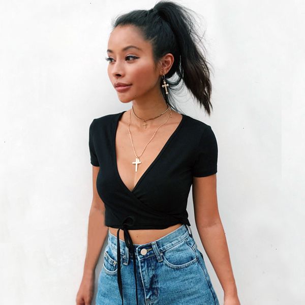

women tshirt women designer shirt women v neck crisscross tie crop tee with wrap v neck detail crop drop shipping, White