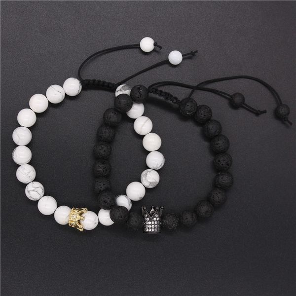 

his and hers bracelets 8mm black matte & white beadscrown king couple bracelet lovers jewelry