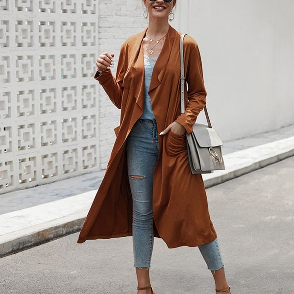 

female long-sleeved cardigan coat women fashion trench coat autumn lapel jackets, Tan;black