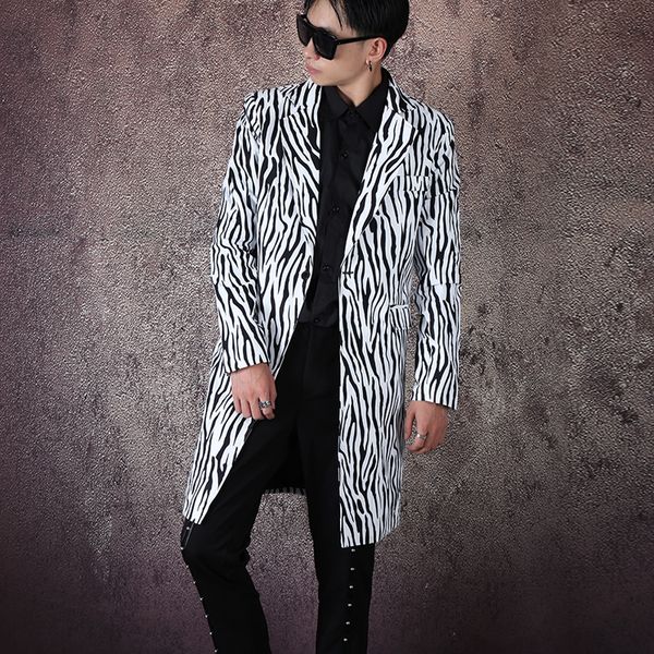 

men zebra pattern single button slim fit long suit jacket blazer coat male streetwear hip hop stage show suit coat outerwear, White;black