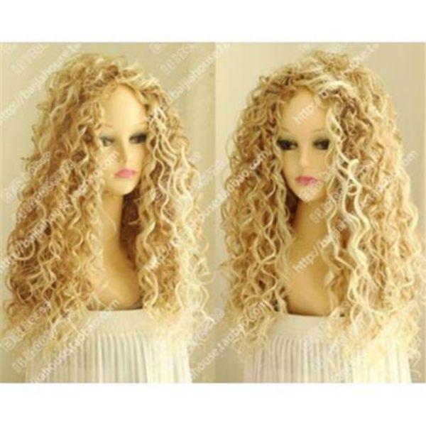 

fashion women yellow afro curly medium synthetic hair cosplay party full wig, Black