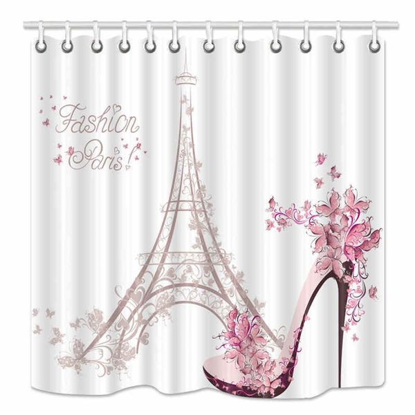 2019 Eiffel Tower Shower Curtain High Heeled Shoes And Flower In