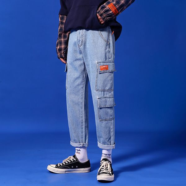 

audwhale summer men's harem jeans pants casual loose denim pants ankle length multi pockets summer jeans for men, Blue