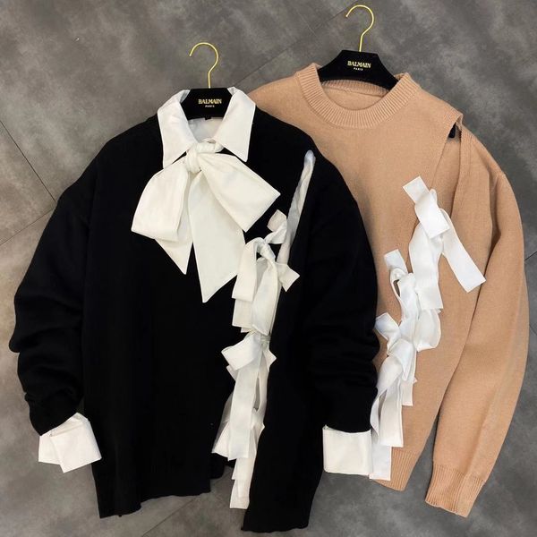 

2020 new round neck long sleeve side hollow lace up sweater, White;black