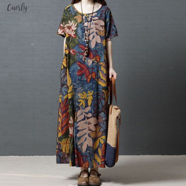 

summer 2020 eleagnt work ol vestido women v neck casual o neck short sleeve vintage floral printed cotton linen maxi long dress, Black;gray