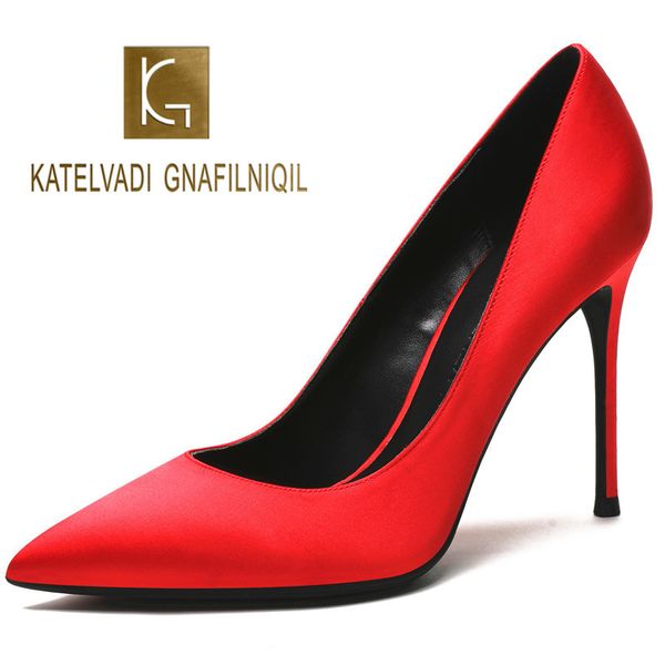 

katelvadi женщины насосы  см высокие каблуки обувь для свадебной вечеринки красный атлас сексуальные шпильки острым носом размер 34-41, k, Black