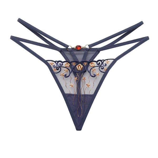 

transparent mesh embroidered underwear female retro hollow thong diamond ornaments temptation low waist t pants g-string, Black;white