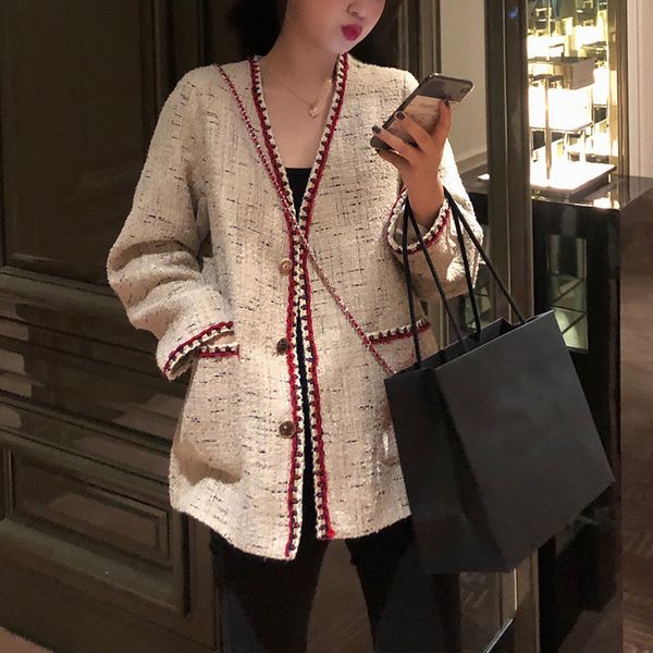 

fashion autumn winter coat women 2019 new retro tweed jacket small fragrance v-neck tweed cardigan loose vintage elegant outwear, Black;brown