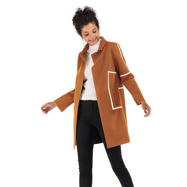

autumn fashion loose turn down collar open stich long sleeves pockets panelled contrast color long tweed woolen outerwear coat for women, Black