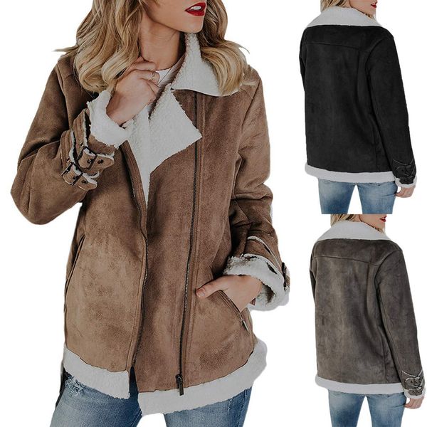 

мода зима женщины замша кожа мото байкер карманы куртка полет пальто на молнии толстые пиджаки топы одежда плюс размер s-2xl, Black;brown