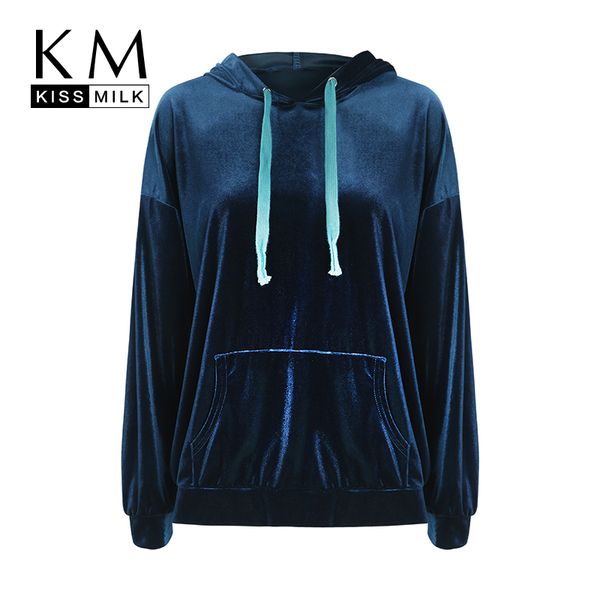 

kissmilk velvet bandwidth loose pocket long-sleeved pullovers womens plus size fashions hoodies streetwear autumn tracksuit, Black