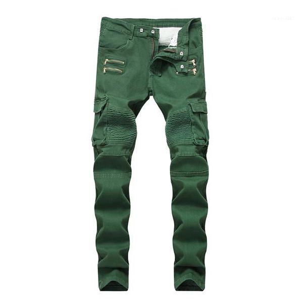

army green pockets mens straight jeans with zipper fashion male apparel wrinkled slim mid waist mens jeans, Blue