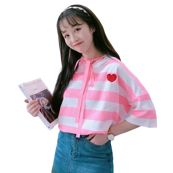 

sweet cute striped love embroidery girls t-shirt chic tie bow hooded student casual loose summer cotton half sleeve t shirt, White