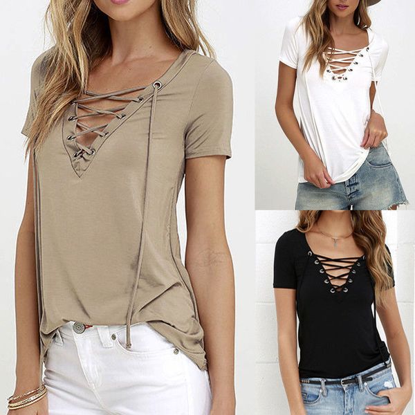 

5xl 2020 summer fashion women t-shirts short sleeve deep v neck bandage shirts women lace up tees t shirt plus size, White