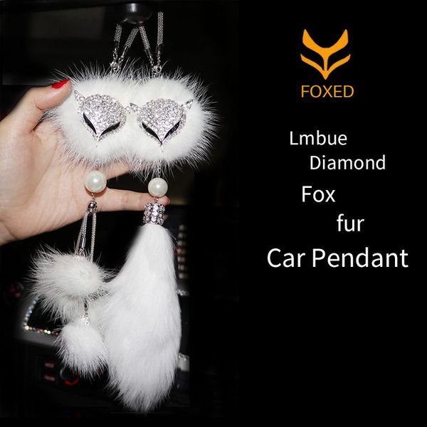 

car decorations rearview mirror interior hanging pendant head crystal ornaments hairy car styling white accessories