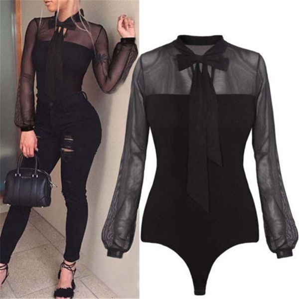 

MarchWind Brand Designer Bodysuit Women Sexy Bow Black Mock Neck Patchwork Long Sleeve Back Ladies Lace Mesh Bodysuit Transparent Tops
