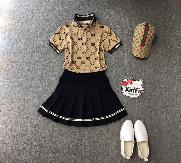 

fashion designer women's skirt suit luxury style polo shirt with casual pleated skirt two-piece suit slim slimming, White