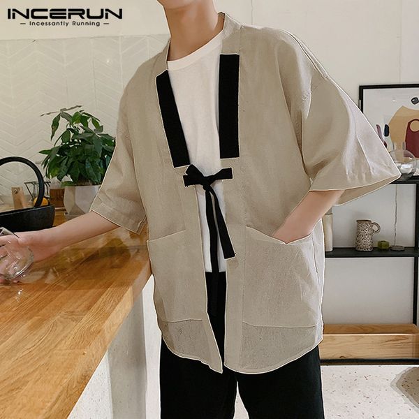 

incerun designer shirts man chinese style five-point sleeves hanfu shirt loose ancient summer men camisa masculina, White;black