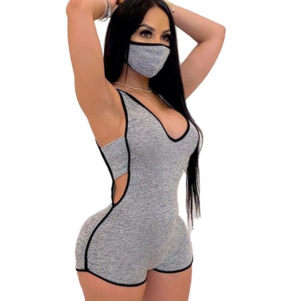 

2020 fashion summer women casual solid hollow out slim sports jumpsuit ladies deep v-neck sleeveless skinny jumpsuit club, Black;white