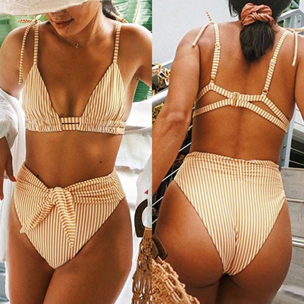

2020 spring and summer striped swimsuit female split bow tie bikini women's striped split swimsuit knot bandage bikini, White;black