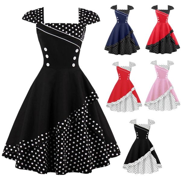 

s-4xl plus size women patchwork polka dot vintage dress rockabilly retro polka dots button vestidos hepburn 50s 60s party dresses, Black;gray