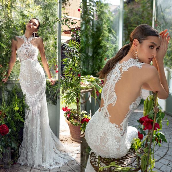 

matan shaked 2019 свадебные платья кружева с высоким вырезом и аппликациями с цветочным рисунком. свадебные платья с русалками, White