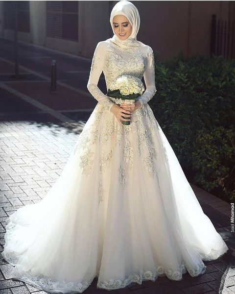 Die beliebtesten saudi-arabischen muslimischen Brautkleider, türkische Stehkragen, lange Ärmel, Spitzenapplikationen, Brautkleider ohne Hijab, Hochzeit183x