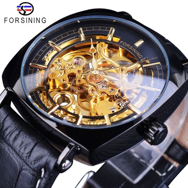 

forsining mens golden gear movement black unique square dial mens mechanical skeleton wrist watches brand luxury male clock, Slivery;brown