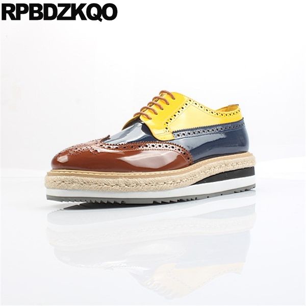 

genuine leather men shoes italian patent brand yellow wingtip cow skin creepers fashion brogue big size 11 brown oxfords italy, Black