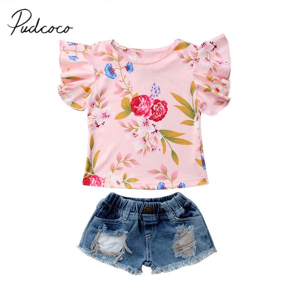 

2018 brand new infant toddler kid baby girl floral t-shirt denim pants ripped shorts outfits children summer clothing 6m-4t, White
