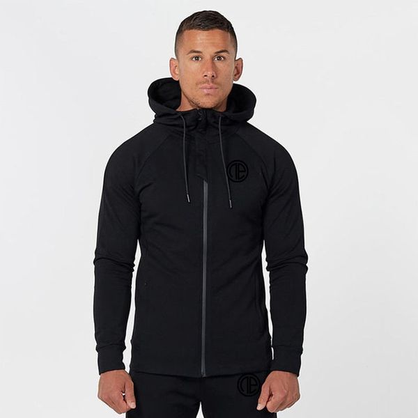 

autumn men fashion fitness zipper hoodies outdoor training slim coats male sweatshirts m-3xl, Black