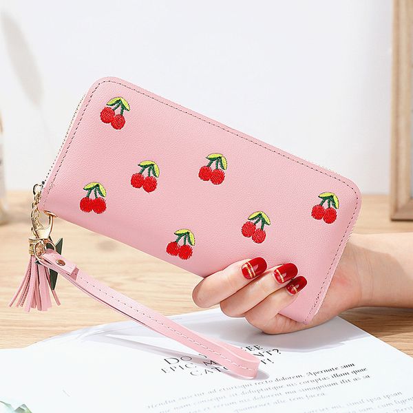 

2019 new cherry long wallet ladies embroidery fashion hand bag card bit zero wallet, Red;black