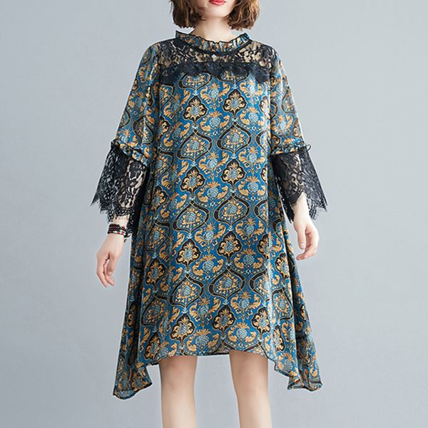 

casual dresses [ewq] 2021 spring summer cotton linen stand collar three quarter sleeve lace patchwork print pattern women dress ay27609, Black;gray