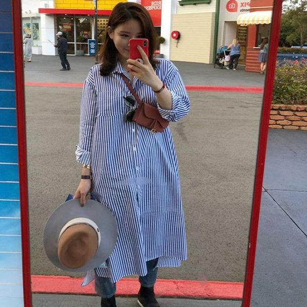 

корея весенний модный новый над коленом длинная голубая полосатая рубашка стиль платье женский свободный большой размер полосатый повседневн, Black;gray