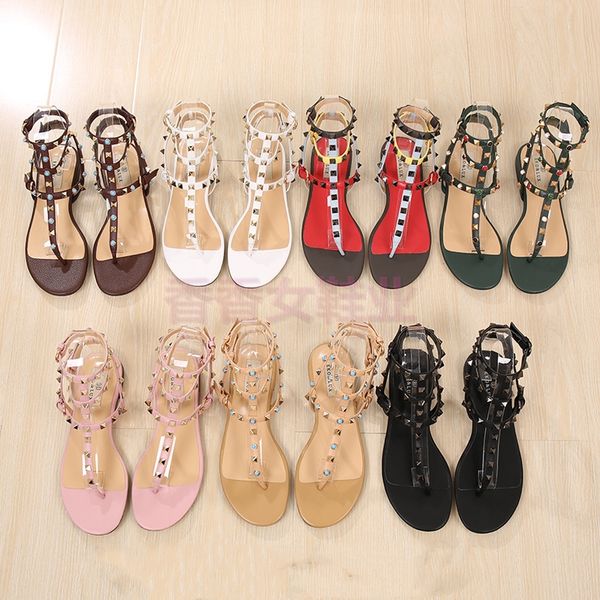 

2019 new valentine rivets sandals women summer flats quality fashion pointed toes flat sandals flat shoe classic flattie ig, Black
