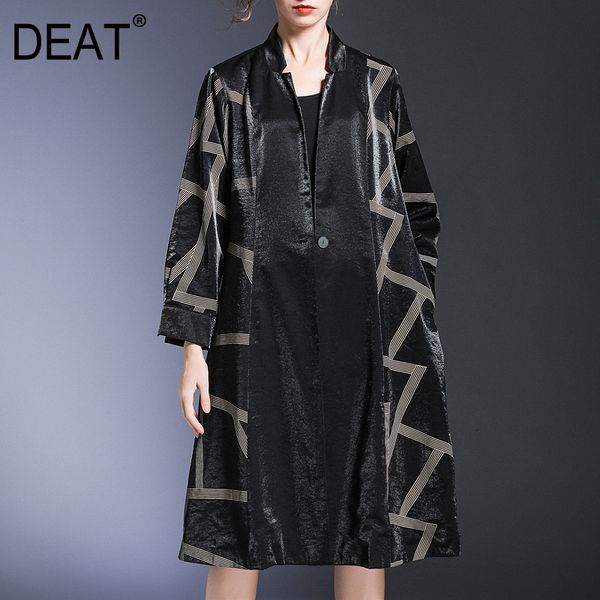 

deat] women pattern printed big sizetrench new stand collar long sleeve loose fit windbreaker fashion spring autumn 2020 1h689, Tan;black