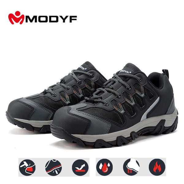 

modyf steel toe cap impact-resistant work safety shoes reflective outdoor sneaker boots anti-puncture protection footwear, Black