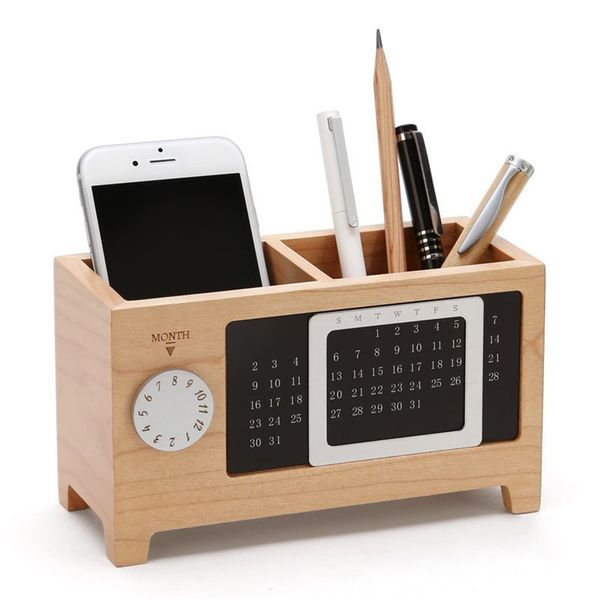 

2 grids desk organizer gift table container pen pencil holder wooden storage box with calendar