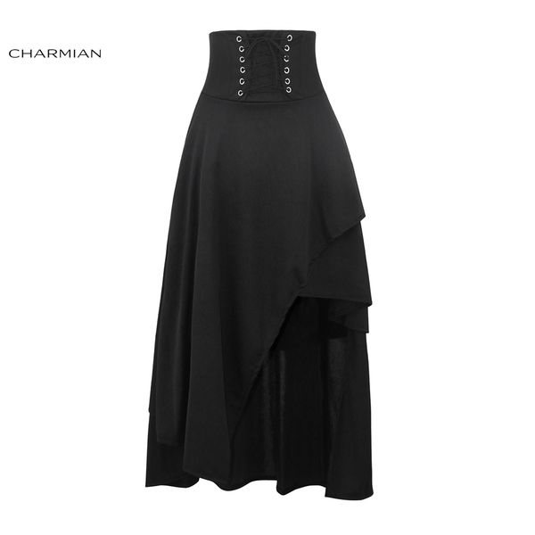

charmian women's black steampunk long skirt lace up high waist medieval renaissance asymmetrical skirt with zipper saias, Black;gray