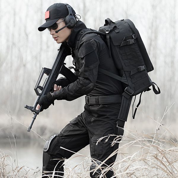 

black uniform men hunting clothing tactical combat shirt with elbow pads tactico pants with knee pads hunting clothes, Camo