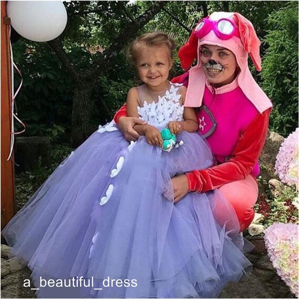 Apliques florais Bola vestido roxo Flower Girl Dresses Tulle 3D Pageant Vestidos borboleta Comunhão Fancy Dress Costumes Crianças Formal Wea FG1323