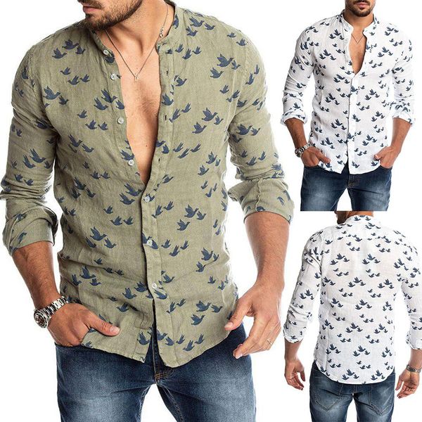 

spring autumn casual men pigeon print buttons long sleeve fashion pure shirt linen slim comfortable, White;black