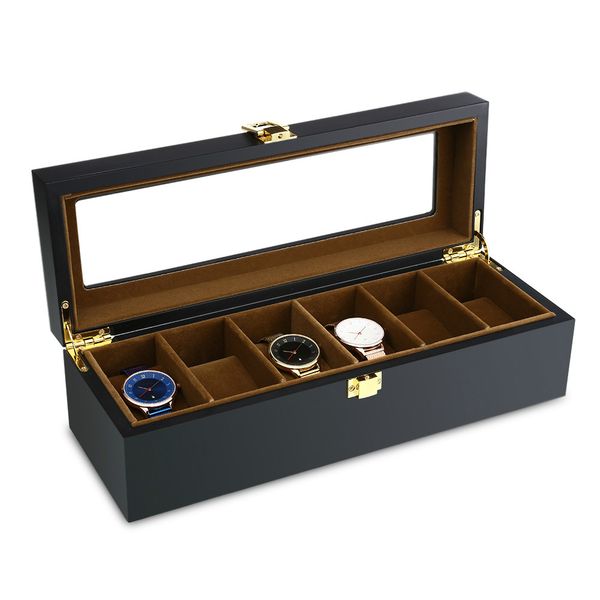 

6 grid watch storage watch organizer display case wood luxury glass wristwatch box for holder men valentine gift, Black;blue