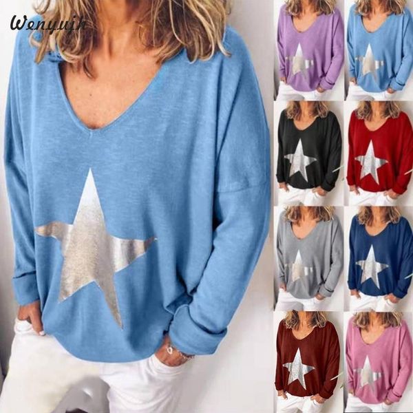 

wenyujh 2019 мода осень женские блузки повседневная звезда печати с длинным рукавом женские топы свободные v-образным вырезом рубашки блузки, White