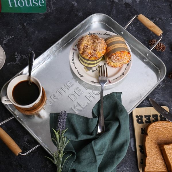 

rectangular metal antique serving tray retro fruit bread cake snack breakfast plate desksundries tray with handle other home decor