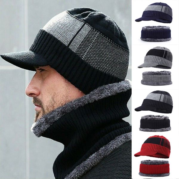 

men winter warm hat knit visor fleece lined cap soft breathable with scarf loops set b2cshop, Black;white