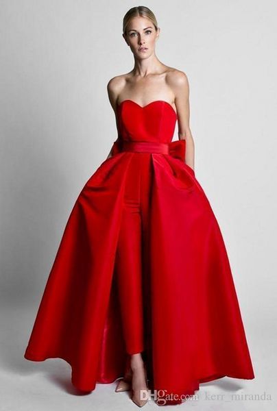 Modern Krikor Jabotian Kırmızı Tulumlar Ayrılabilir Etek ile Gece Elbise Sevgilim Balo Pantolonları Kadınlar İçin Özel Yapım DH4126