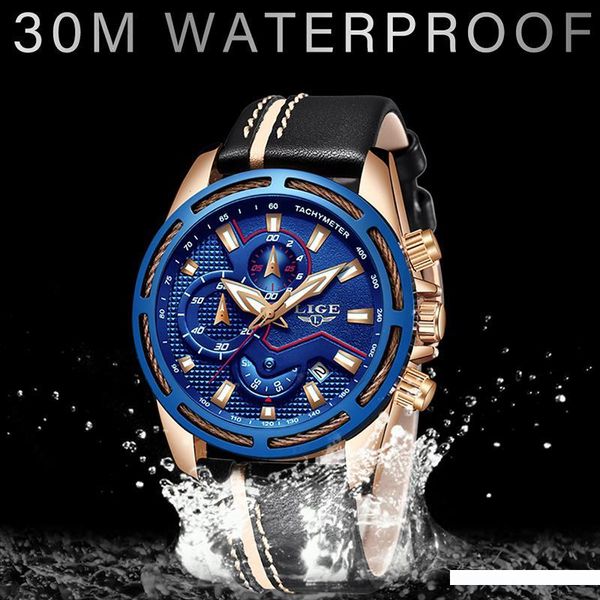 

lige mens watches quartz gold watch men casual leather waterproof sport wristwatch relogio masculino, Slivery;brown