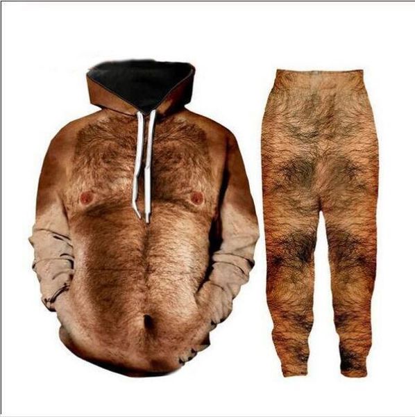 

new men/womens chest hair muscle funny 3d print fashion tracksuits crewneck hip hop sweatshirt and pants 2 pcs set hoodies tz21, Gray