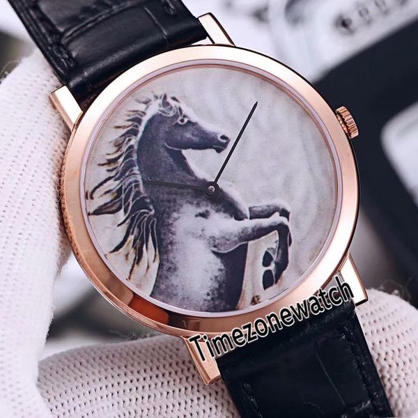 

new altiplano ultra-thin rose gold case g0a38571 cal.1400 mechanical hand-winding mens watch white horse totem dial leather strap watches, Slivery;brown